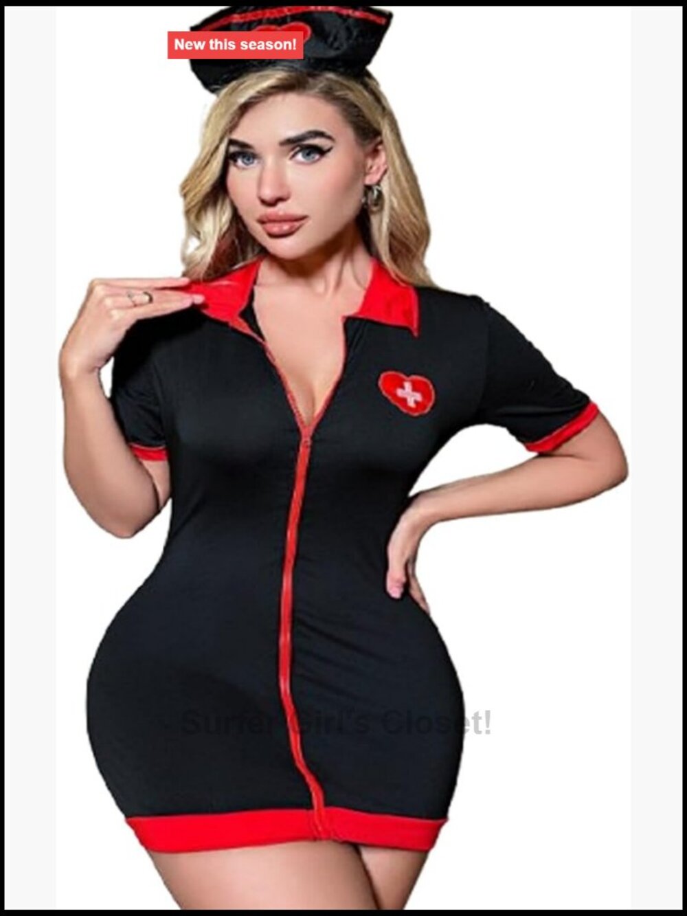 Sexy Nurse Costume Front Zip Bodycon Dress with Hat